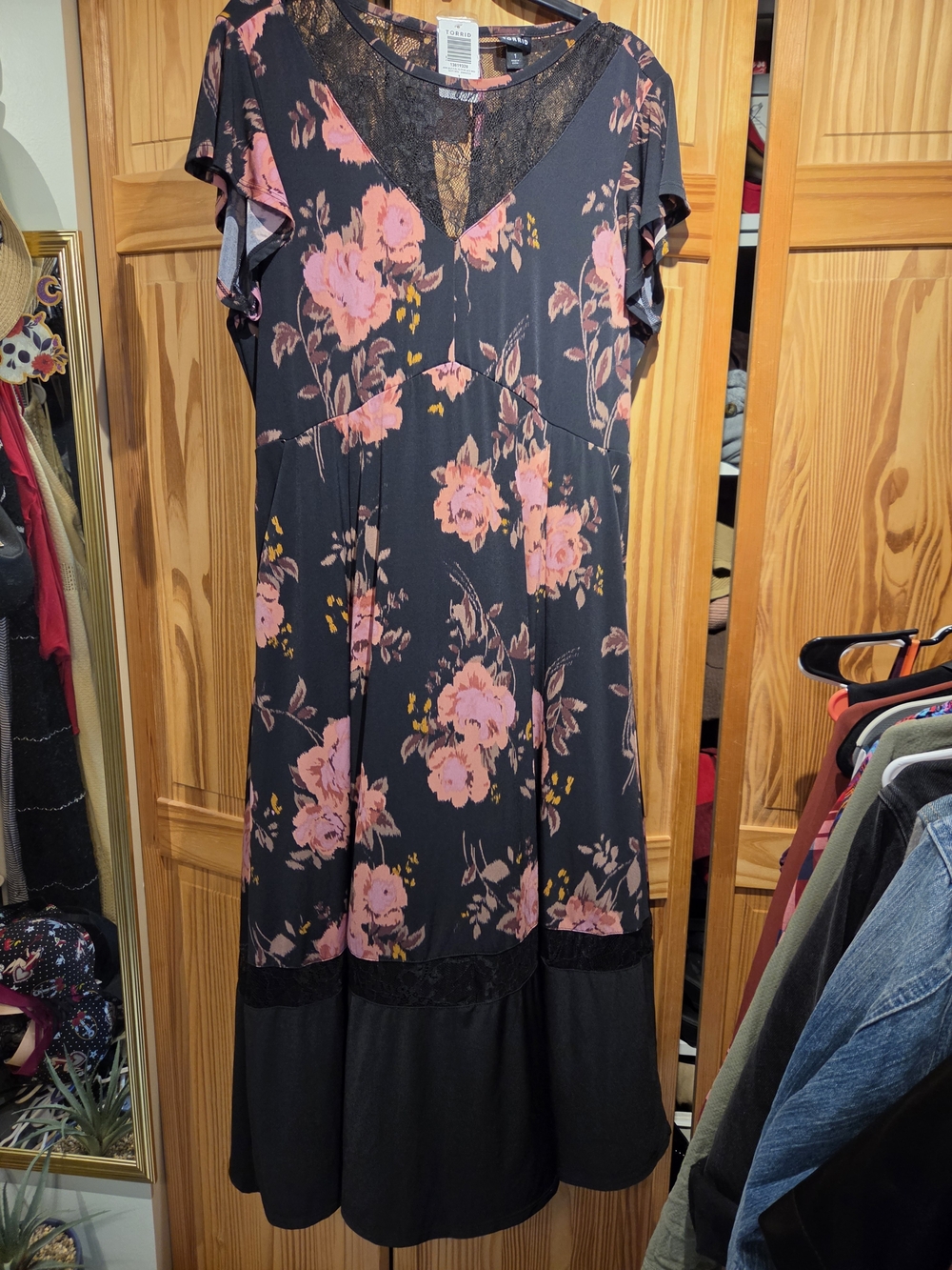 torrid Black Midi Dress with Pink Floral Print and Lace